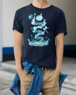 Magical Water Slime Warrior Battle Axe Graphic Soft Tshirt - model wearing navy tee with hands in pockets