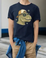 Cool St Patrick’s Day T-Rex Clover Sunglasses Soft Tee - model wearing navy tee with hands in pockets