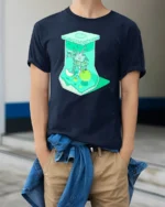 Surreal Apple Treehouse Terrarium Aesthetic Soft Tshirt - model wearing navy tee with hands in pockets