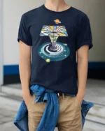 Cosmic Portal Galaxy Planets Retro Space Art Graphic T Shirt - model wearing navy tee with hands in pockets
