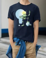 Bright Idea Robot Lightbulb Head Funny Tech Tshirt - model wearing navy tee with hands in pockets