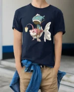 Unique Fish Taxi Driver Fantasy Art Graphic Tshirt - model wearing navy tee with hands in pockets