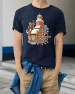 Vintage Nautical Ship Lighthouse Adventure Graphic Tshirt - model wearing navy tee with hands in pockets