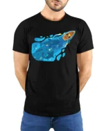 Deep Blue Whale Ocean Rowing Boat Adventure Graphic Tshirt - model wearing black tee with hands behind back