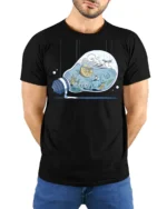 Surreal Lightbulb Cocktail World Aesthetic Graphic Tshirt - model wearing black tee with hands behind back