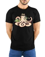 Cool Octopus Surfer with Hat and Pipe Funny Graphic Tee - model wearing black tee with hands behind back