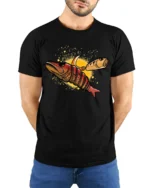 Funny Fishing Lure Angry Fish Hook Graphic Soft T-shirt - model wearing black tee with hands behind back