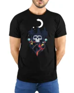 Cool Skeleton Wizard Magic Moon Night Graphic Soft Tshirt - model wearing black tee with hands behind back