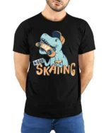 Funny Dinosaur Skater Keep Skating Graphic Soft Tshirt - model wearing black tee with hands behind back
