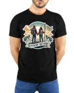 Adventure Together Couple Hiking Mountains Graphic Soft Tee - model wearing black tee with hands behind back