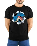 Scary Blue T-Rex Dinosaur Breaking Through Graphic Tshirt - model wearing black tee with hands behind back