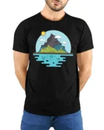Scenic Mountain Island and Deep Sea Life Graphic Soft Tee - model wearing black tee with hands behind back