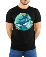 Playful Whale Dolphin Ocean Adventure Cartoon Style Tshirt - model wearing black tee with hands behind back
