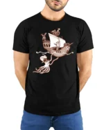 Funny Kraken Attack Pirate Ship Adventure Graphic Tshirt - model wearing black tee with hands behind back