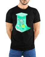Surreal Apple Treehouse Terrarium Aesthetic Soft Tshirt - model wearing black tee with hands behind back