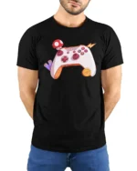 Retro Video Game Controller with Power-Up Mushroom Soft Tee - model wearing black tee with hands behind back