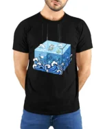 Surreal Ocean Cube Wave Cartoon Deep Sea Artistic T Shirt - model wearing black tee with hands behind back