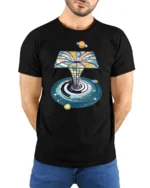 Cosmic Portal Galaxy Planets Retro Space Art Graphic T Shirt - model wearing black tee with hands behind back