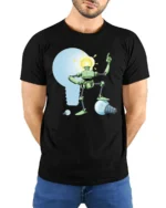 Bright Idea Robot Lightbulb Head Funny Tech Tshirt - model wearing black tee with hands behind back