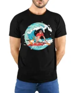 Funny Surfing Dog and Boy Summer Adventure Graphic T-shirt - model wearing black tee with hands behind back