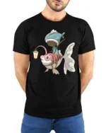 Unique Fish Taxi Driver Fantasy Art Graphic Tshirt - model wearing black tee with hands behind back