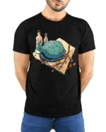 Whimsical Garden Turtle and Botanical Glass Vials Tshirt - model wearing black tee with hands behind back
