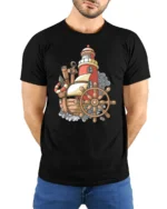 Vintage Nautical Ship Lighthouse Adventure Graphic Tshirt - model wearing black tee with hands behind back