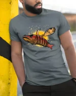 Funny Fishing Lure Angry Fish Hook Graphic Soft T-shirt - model wearing grey tee, leaning on column
