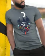 Cool Skeleton Wizard Magic Moon Night Graphic Soft Tshirt - model wearing grey tee, leaning on column