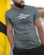 Cool Alien Abduction UFO Flying Saucer Graphic Soft Tshirt - model wearing grey tee, leaning on column