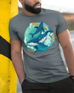 Playful Whale Dolphin Ocean Adventure Cartoon Style Tshirt - model wearing grey tee, leaning on column