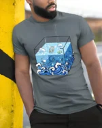 Surreal Ocean Cube Wave Cartoon Deep Sea Artistic T Shirt - model wearing grey tee, leaning on column