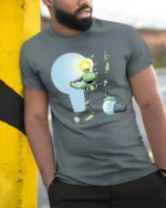 Bright Idea Robot Lightbulb Head Funny Tech Tshirt - model wearing grey tee, leaning on column