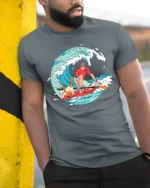 Funny Surfing Dog and Boy Summer Adventure Graphic T-shirt - model wearing grey tee, leaning on column
