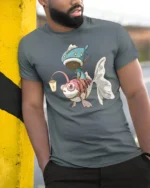Unique Fish Taxi Driver Fantasy Art Graphic Tshirt - model wearing grey tee, leaning on column