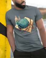Whimsical Garden Turtle and Botanical Glass Vials Tshirt - model wearing grey tee, leaning on column