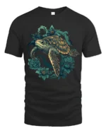 Vintage Sea Turtle Floral Garden Ocean Graphic Soft Tshirt - black t-shirt on white background