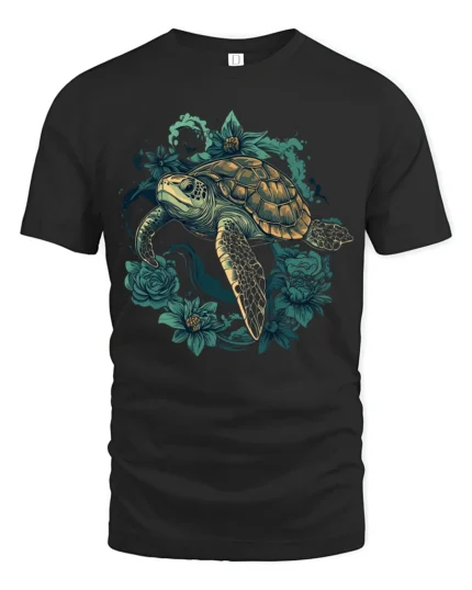 Vintage Sea Turtle Floral Garden Ocean Graphic Soft Tshirt - black t-shirt on white background