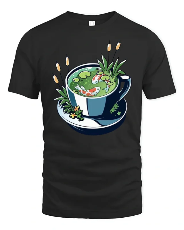 Whimsical Aquatic Tea Cup Koi Fish Premium Soft Tee - black t-shirt on white background