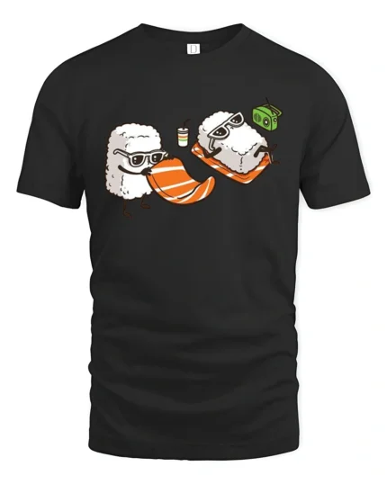 Funny Sushi Beach Day Salmon Towel Graphic Tshirt - black t-shirt on white background