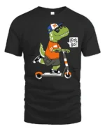 Cool Dinosaur T-Rex Riding Scooter Lets Go Soft Tshirt - black t-shirt on white background
