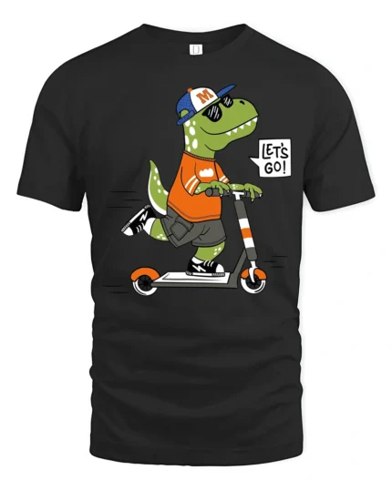 Cool Dinosaur T-Rex Riding Scooter Lets Go Soft Tshirt - black t-shirt on white background