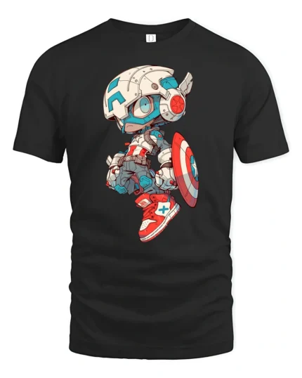Cool Chibi Mech Captain Superhero Graphic Soft Tshirt - black t-shirt on white background