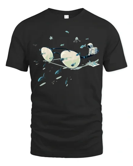 Surreal Space Astronaut Eyeglasses Fish Graphic Soft Tshirt - black t-shirt on white background