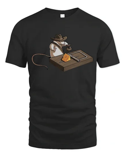 Funny Cowboy Mouse Trap Indiana Jones Graphic Soft Tshirt - black t-shirt on white background