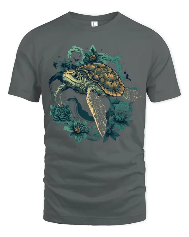 Vintage Sea Turtle Floral Garden Ocean Graphic Soft Tshirt - gray t-shirt on white background