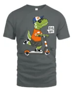 Cool Dinosaur T-Rex Riding Scooter Lets Go Soft Tshirt - gray t-shirt on white background