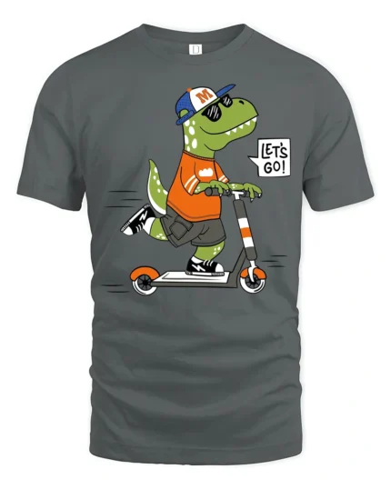 Cool Dinosaur T-Rex Riding Scooter Lets Go Soft Tshirt - gray t-shirt on white background