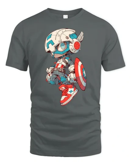 Cool Chibi Mech Captain Superhero Graphic Soft Tshirt - gray t-shirt on white background