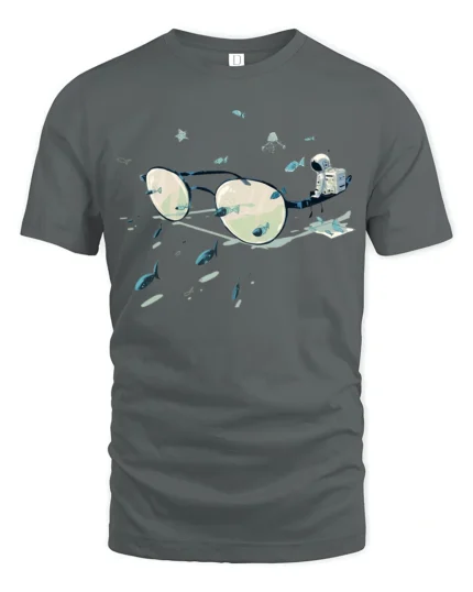 Surreal Space Astronaut Eyeglasses Fish Graphic Soft Tshirt - gray t-shirt on white background